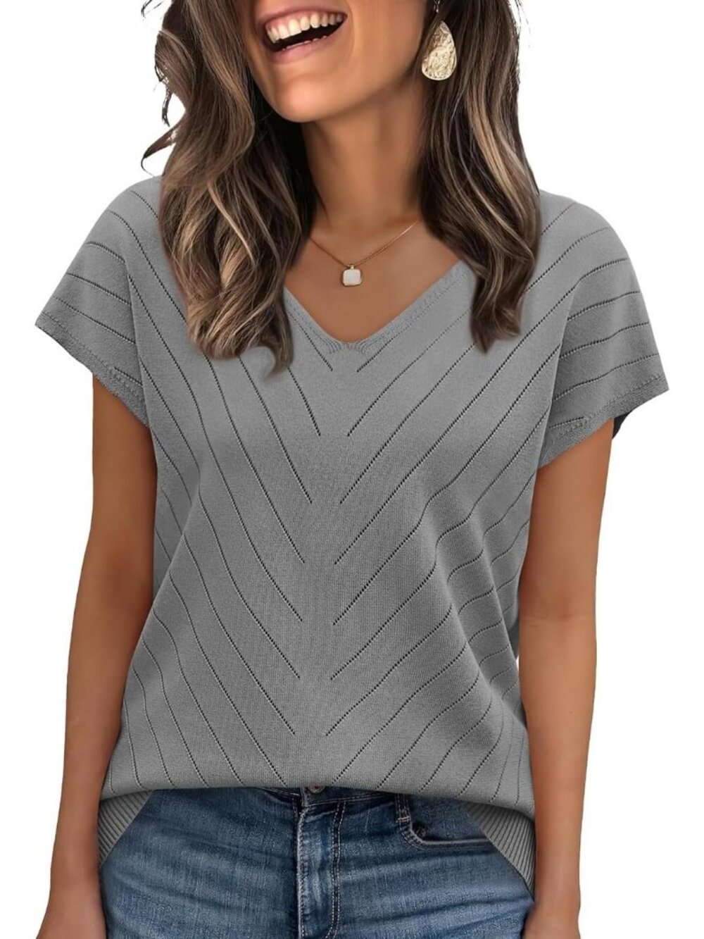 Women's Gray Trendy Summer Tops Sweater Pullover V-Neck Pull On Short Sleeve
